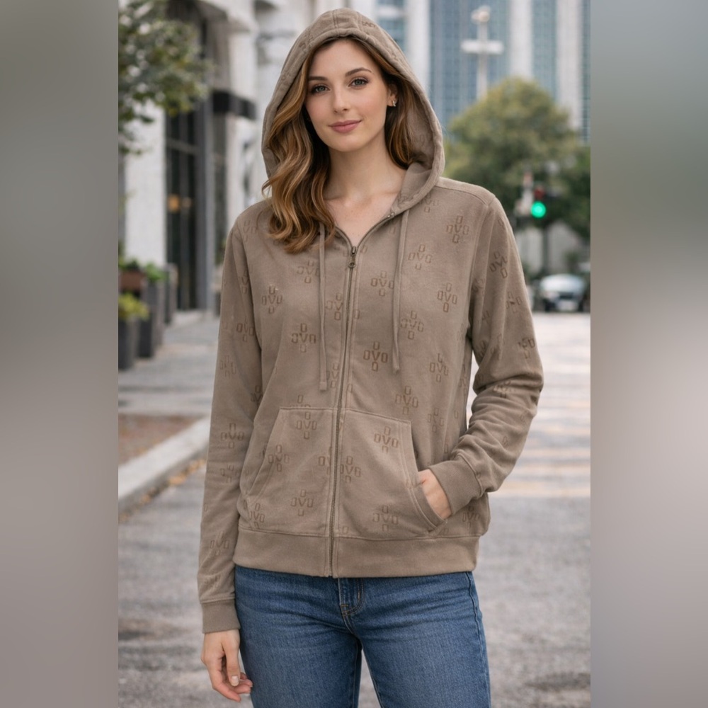 OVO (October's Very Own) Women's Monogram Full Zip Hoodie in Beige.